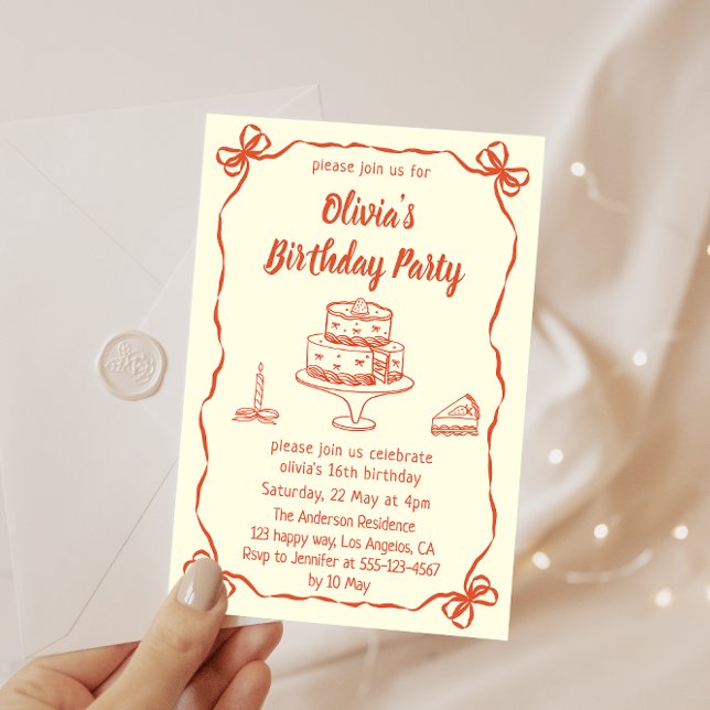Convite Cream Hand-Drawn Cake & Ribbon Border Birthday  (Criador carregado)