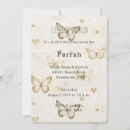 Convite Cream Hearts Butterflies Gold Glitter Birthday  