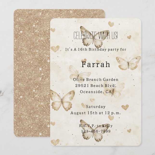 Convite Cream Hearts Butterflies Gold Glitter Birthday   (Frente/Verso)