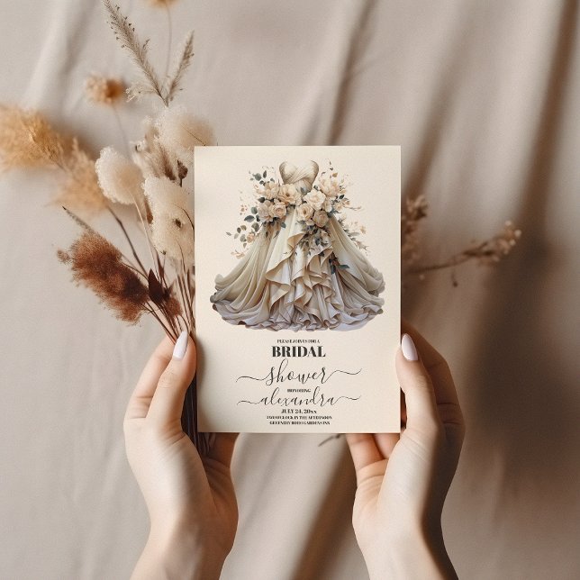 Convite Cream Ivory Floral Chá de panela De Vestido (Criador carregado)