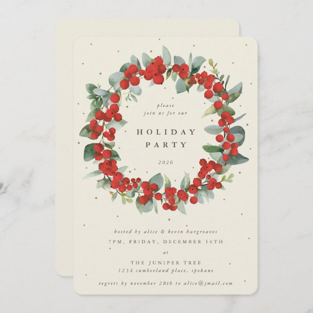 Convite Cream Red Berries+Eucalyptus Wreath Holiday Party (Frente/Verso)