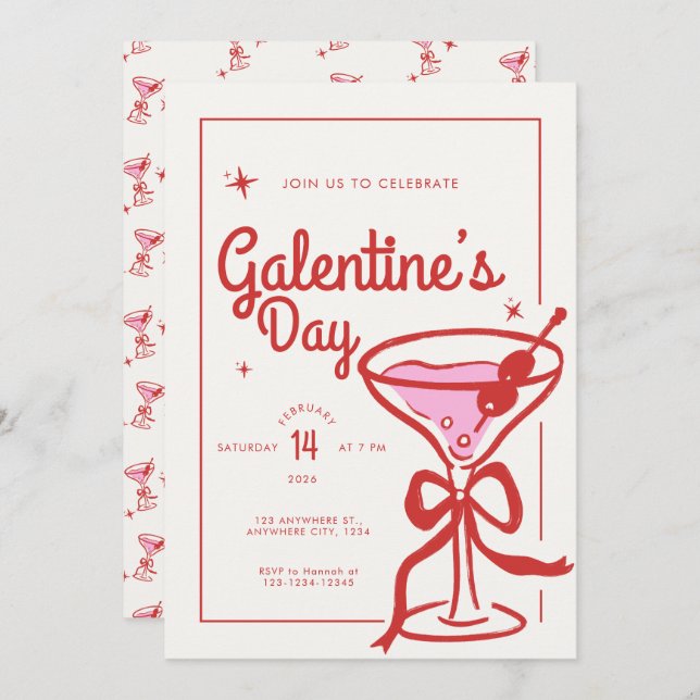 Convite Cream Red Bow Cocktail Galentine’s Day (Frente/Verso)
