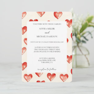 Convite Cream Red Hearts Love Wedding