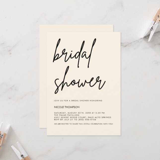 Convite Cream Script Modern Bridal Shower Invitation  (Frente/Verso In Situ)