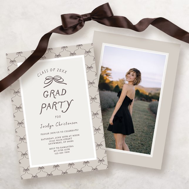 Convite Cream Taupe Coquette Bow Grad Party (Front and Back View)