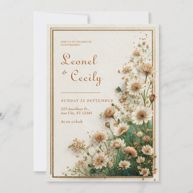 Convite Cream Textured Gold Astrantia Wedding (Frente)