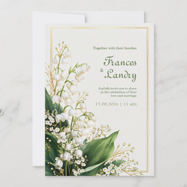 Convite Cream Textured Lily Valley Gold Frame Wedding (Frente)