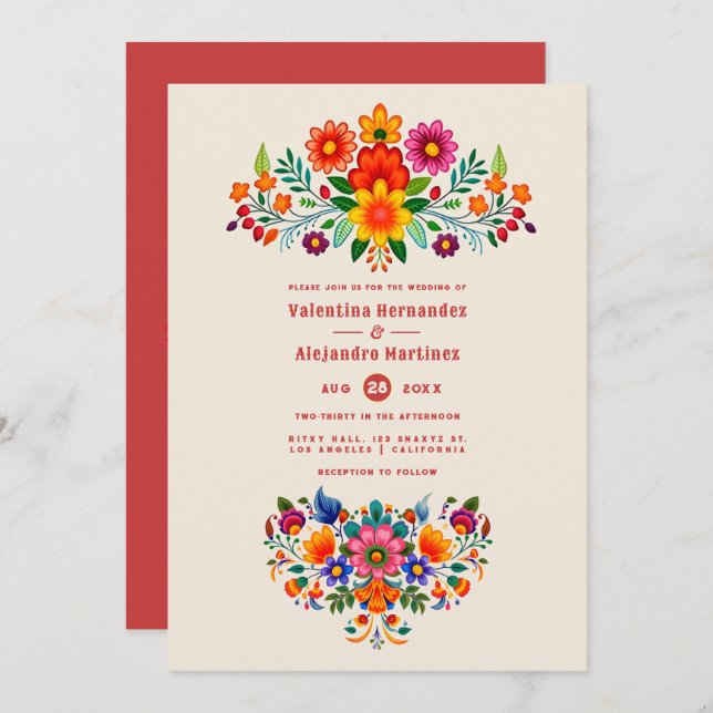 Convite Creamy Linen & Fiesta Red Folk Art Fiesta Wedding (Frente/Verso)