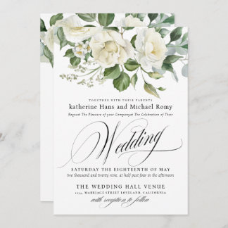 Convite CreamyFloral Eucalyptus Script Calligraphy Wedding