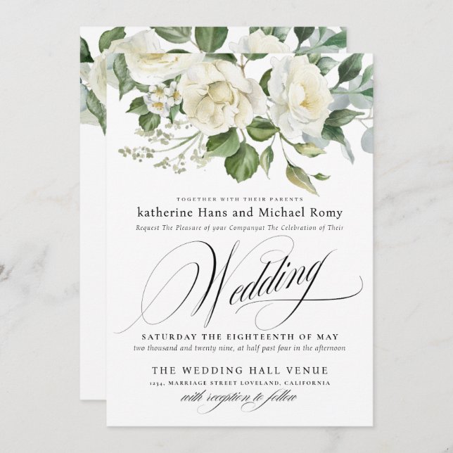 Convite CreamyFloral Eucalyptus Script Calligraphy Wedding (Frente/Verso)