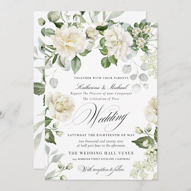 Convite CreamyFloral Eucalyptus Script Calligraphy Wedding (Frente/Verso)