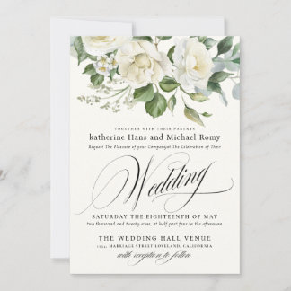 Convite CreamyFloral Eucalyptus Script Calligraphy Wedding