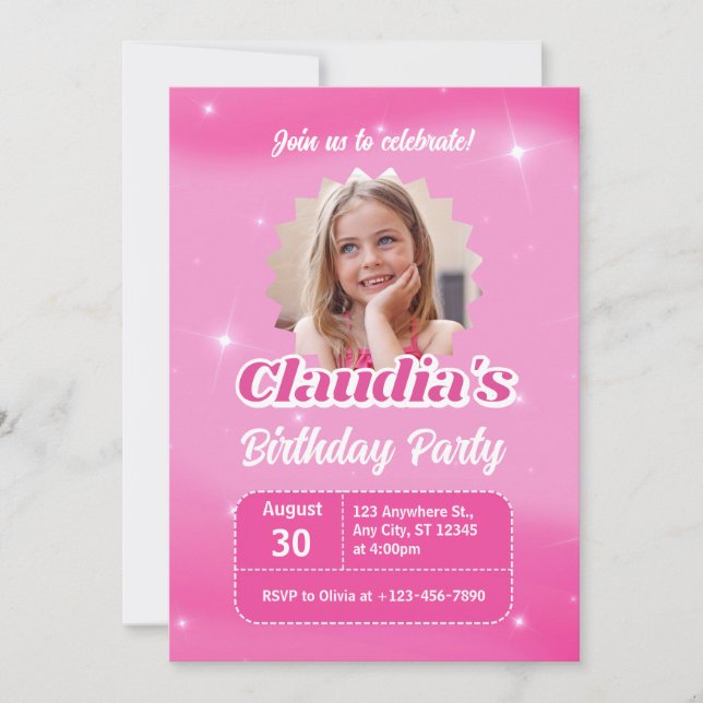 Convite Create your own Photo Pink Girls Birthday Party  (Frente)