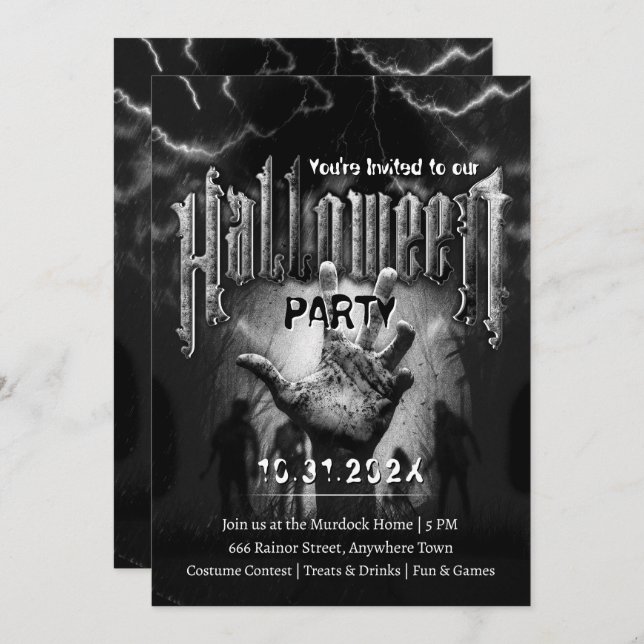 Convite Creepy Halloween Party Zombies Black Scary Night (Frente/Verso)