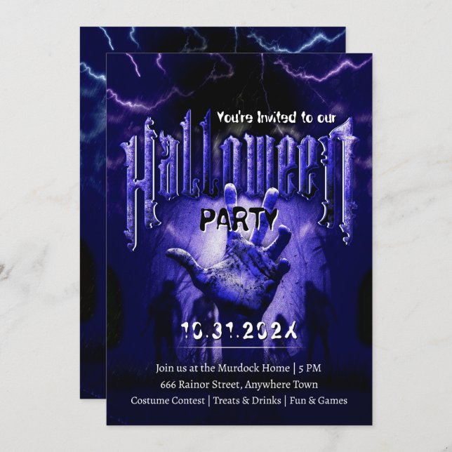 Convite Creepy Halloween Party Zombies Blue Scary Night (Frente/Verso)