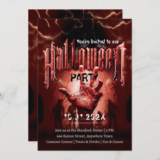 Convite Creepy Halloween Party Zombies Red Scary Night (Frente/Verso)