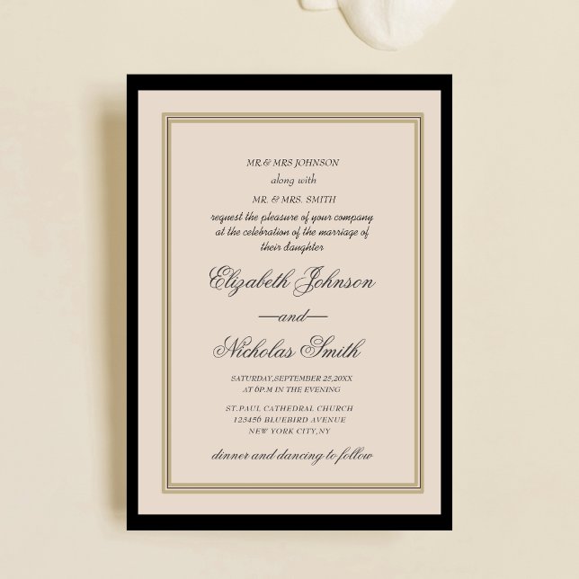 Convite creme and black classic chic elegant wedding  (Criador carregado)