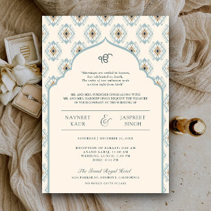 Convite Creme Azul Pastel Ikat Anand Karaj Casamento Sikh