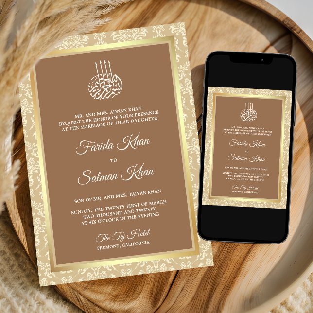 Convite Creme Bege Damasco Casamento Islâmico Muçulmano (Criador carregado)