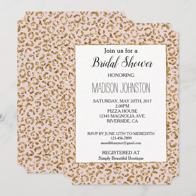Convite Creme Blush Dourado, cor-de-rosa, Leopardo (Frente/Verso)