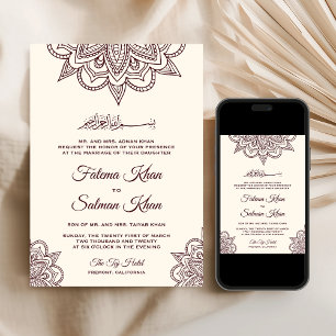 Convite Creme Bordô Henna Mehndi Casamento Islâmico Muçulm
