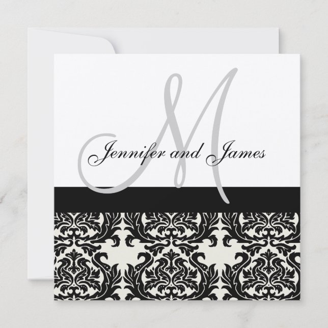 Convite Creme Casamento Monograma Black Damask (Frente)
