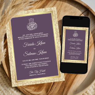 Convite Creme Damasco Roxo Empoeirado Casamento Islâmico M