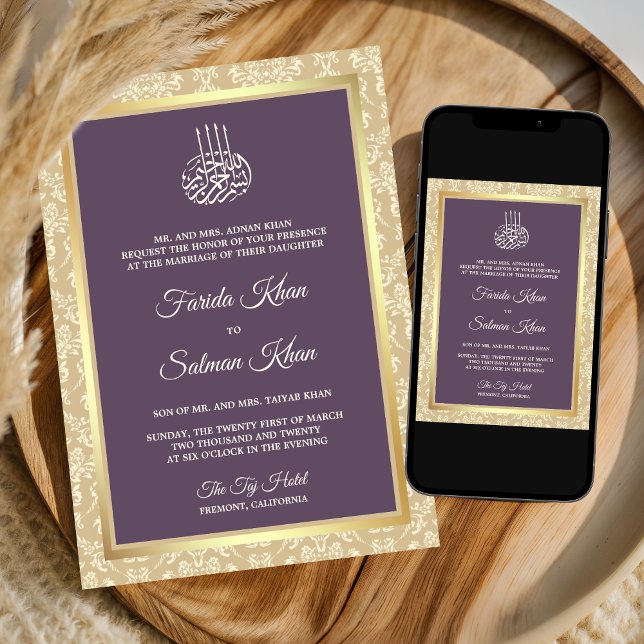 Convite Creme Damasco Roxo Empoeirado Casamento Islâmico M (Criador carregado)