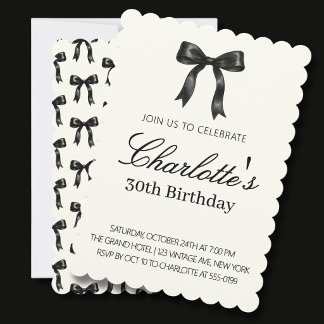 Convite Creme de Aniversário Black Bow Vintage Scallop