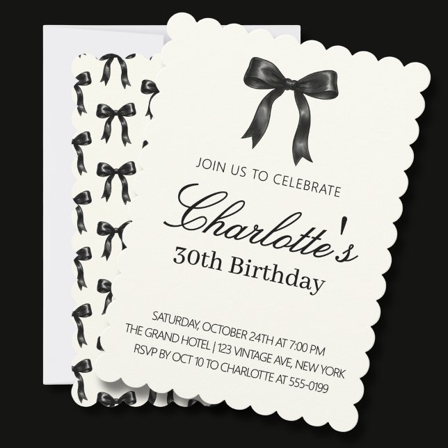 Convite Creme de Aniversário Black Bow Vintage Scallop (Criador carregado)