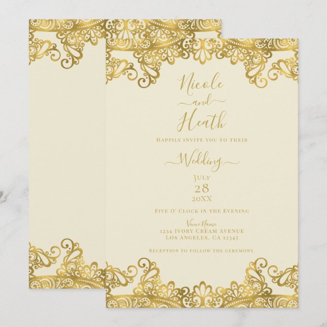 Convite Creme de Marfim e Renda Dourada Casamento Elegante (Frente/Verso)