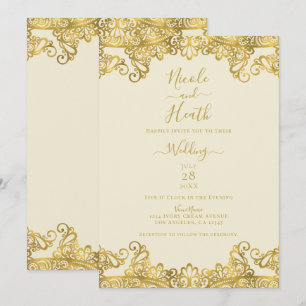 Convite Creme de Marfim e Renda Dourada Casamento Elegante