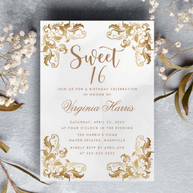 Convite Creme do Canto do Ornamentado Dourado Doce Dezesse (Criador carregado)