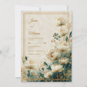 Convite Creme Dourado Astrantia Azul-marinho Aquarela Casa