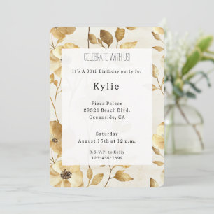 Convite Creme Dourado Flores Aniversário