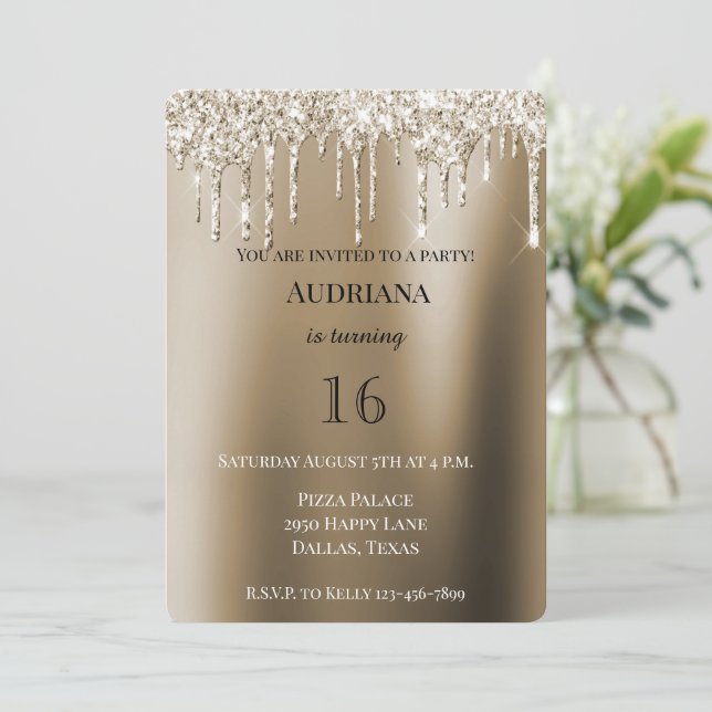 Convite Creme Dourado Glitz Glitter Sorvete Drives Anivers (Em pé/Frente)