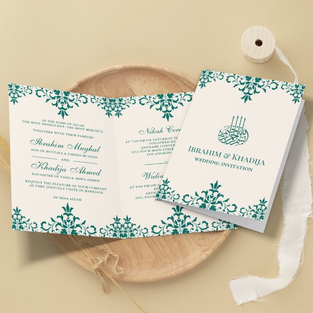 Convite Creme e Azul Turquesa Damask Casamento Islâmico Mu (Criador carregado)
