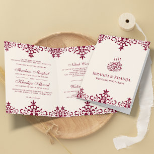 Convite Creme e Borgonha Damask Casamento Islâmico Muçulma