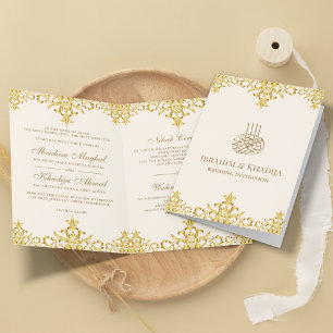 Convite Creme e Dourado Damask Folha Islâmico Casamento