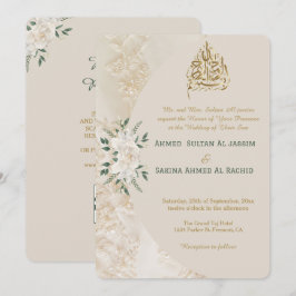 Convite Creme e Dourado Floral Muslim Wedch QR Bacalhau