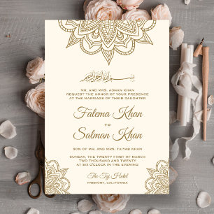 Convite Creme e Dourado Henna Mehndi Casamento Islâmico Mu