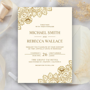 Convite Creme e Dourado Renda Vintage Casamento Country