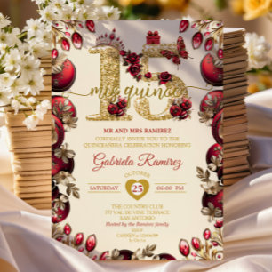 Convite Creme e Dourado Vermelho Mis Quince 15 Quinceañera