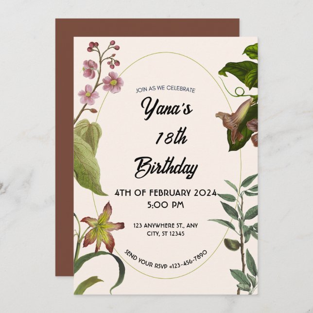 Convite Creme e Floral Verde 18º Aniversário (Frente/Verso)