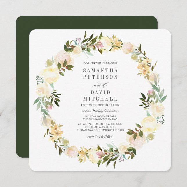 Convite Creme e Floresta Verde | Casamento Floral de Garla (Frente/Verso)
