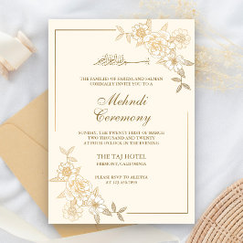 Convite Creme e Folhas Florais Douradas Branch Muslim Mehn