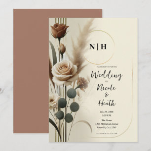 Convite Creme e Mocha Neutro Geométrico Floral Casamento