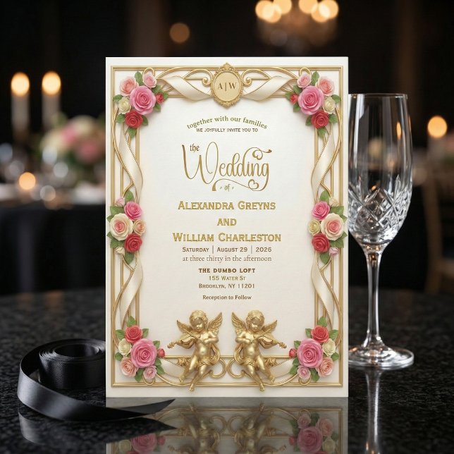 Convite Creme E Rosa Choque Romântico Floral Casamento (Criador carregado)