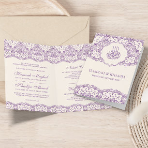 Convite Creme e Roxo Casamento Islâmico Muçulmano de Renda