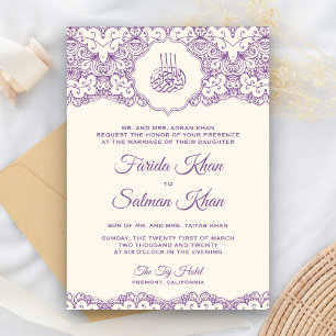 Convite Creme e Roxo Casamento Islâmico Muçulmano de Renda